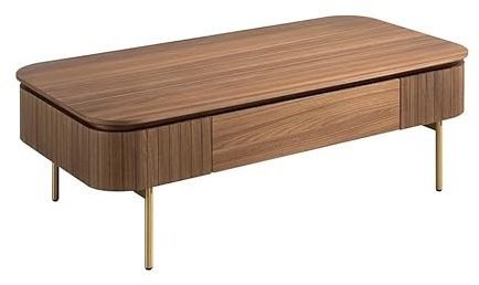 Ángel Cerdá - Mesa de Centro Rectangular en Nogal y Acero Dorado con Cajón Central - Mesita de Centro Moderna y Elegante - Original y Versátil - Materiales Resistentes - 120 x 60 x 37 cm