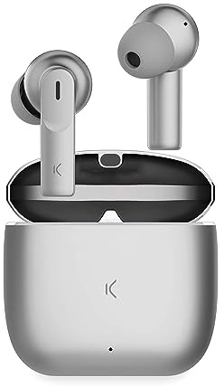 KSIX Meteor Drahtlose Bluetooth-Kopfhörer, HD-Anrufe, ENC-Geräuschunterdrückung, Ladehülle aus Metall, True Wireless Stereo, 32 Stunden Akkulaufzeit, Sprachassistenten, wasserdicht, Silber