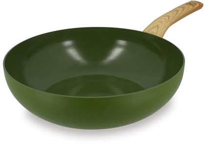 Menastyl - Wok de 28 cm, color oliva de aluminio, revestimiento antiadherente de cerámica, para todo tipo de fuegos, incluida inducción