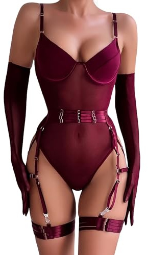 EVELIFE Women's Sexy Bodysuit Teddy Lingerie Stretchy Mesh with Removeable Garter Belt, Elegant Gloves & Thigh Straps 3PCS Set(Wine Red S)