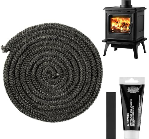 Navaris Guarnizione Stufa a Pellet - Nastro Isolante per Camino - Corda per Sportello Termocamino - 3 m Lunghezza - 10 mm Diametro - con Colla e Chiusura