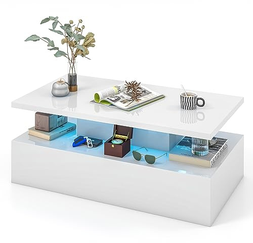 COSTWAY Tavolino da Caffè a LED a 2 Livelli con Colori della Luce Regolabili Velocità e Luminosità e Telecomando, Tavolo da Salotto Rettangolare e Moderno per Soggiorno e Ufficio (Bianco)