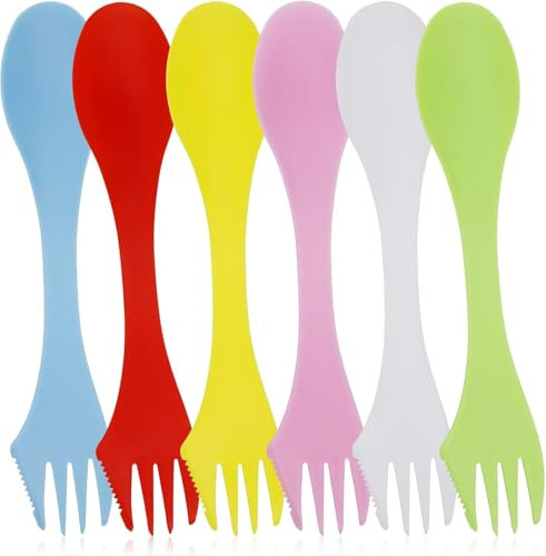 6 cucchiai in plastica leggeri e forti, tutto in uno, posate da campeggio, cucchiaio, forchetta, set di coltelli portatili e riutilizzabili, per campeggio, zaino da viaggio, con 6 cannucce in acciaio