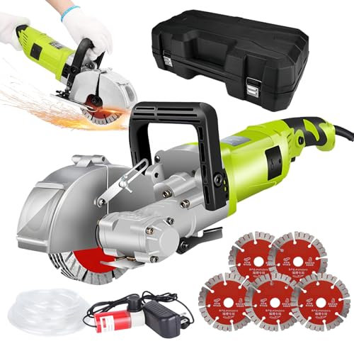 Electric Wall Chaser with Dust Extractor, 4000W Wall Groove Cutting Brick Concrete Slotting Machine, 7500RPM Slotter Saw Blade, Adjustable Depth & Width, for Granite Marble Concrete Stone,Green