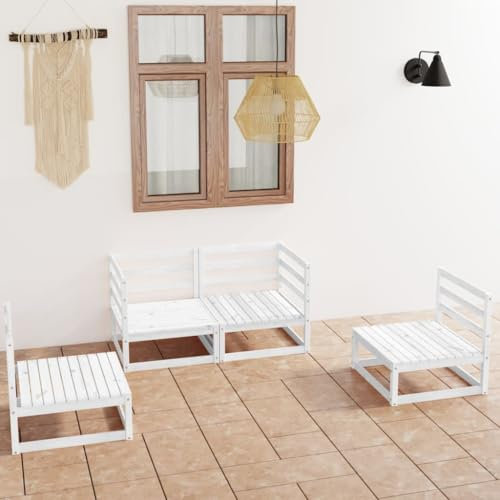 KTHLBRH 4-TLG. Garten-Lounge-Set Weiß Kiefer Massivholz Balkonmöbel-Sets Terrassenmöbel-Sets Gartenmöbel-Sets Outdoor-Möbel-Sets für Terrasse, Garten, Balkon