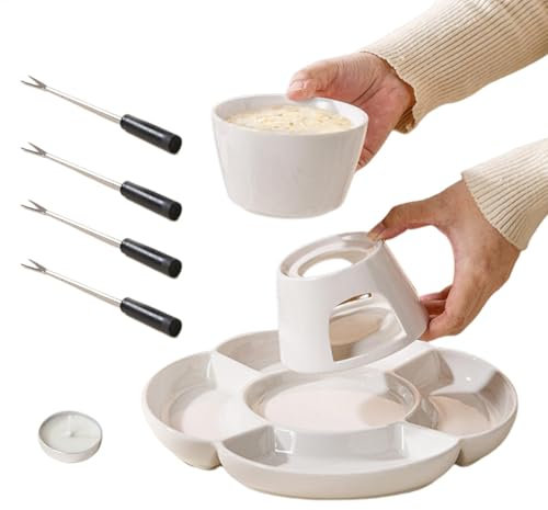 Ceramic Fondue Set with Fork and Tray, Interactive Fondue Makers for Cheese, Chocolates, and Candy, Candle Heating Pot Bowl Set for Fun Family and Party Entertaining