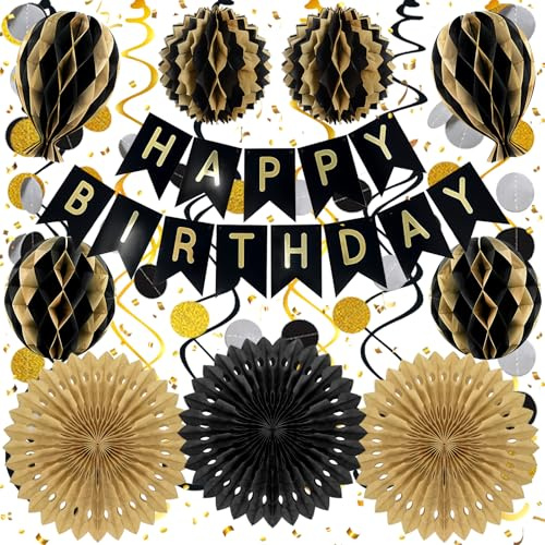 Geburtstagsdeko Schwarz Gold, Wiederverwendbares Geburtstag Deko | Happy Birthday Decorations Banner, Papierfächer Dekorationen für Männer, Jungen, Frauen und Mädchen