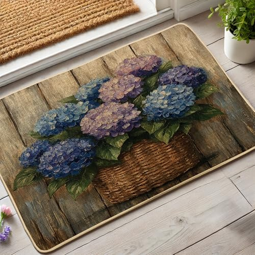 Zerbino con ortensia floreale primaverile, motivo floreale viola blu, per ingresso esterno e interno, decorazione rustica, in gomma, impermeabile, antiscivolo, assorbe la polvere, facile da pulire, 73