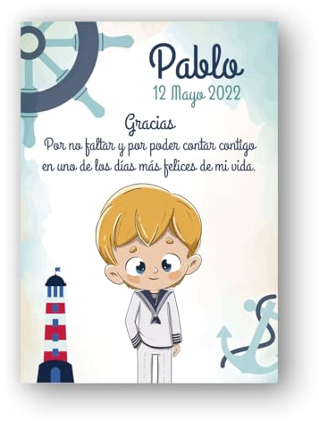 Genérico Tarjetas de Agradecimiento para Comunión Marinero, detalle para invitados. Tarjetas de agradecimiento para invitados, tarjeta de agradecimiento niño de comunion.