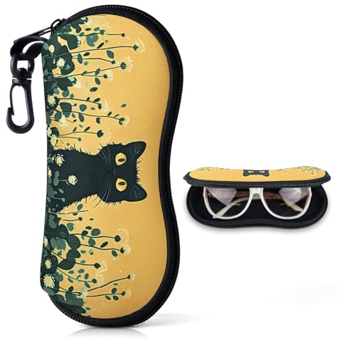 Brillenetui Weiche für Sonnenbrille Aufbewahrung Tasche Damen Mädchen Kinder Ultraleichter Neopren-Reißverschluss Gürtelclip Brillenetui Tragbar für Schlüssel Bleistifte Karten(Schwarz Katze-Bowery)
