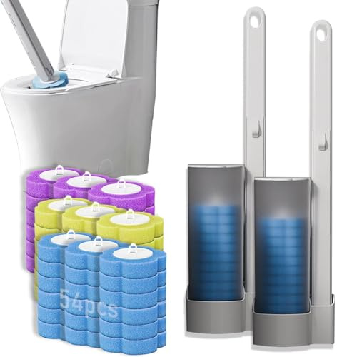 Spazzola WC Monouso, Spazzola per Pulizia WC con 54 Ricariche, Sistema di Pulizia WC Monouso con Supporto per Pulizia del Bagno (Set Spazzole*2 + 54 Testine (3 Gusti))