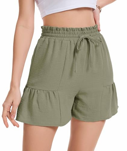 WUWUSKY Summer Shorts for Women Elastic High Waisted Wide Leg Drawstring Shorts with Pockets,Army Green,XXL