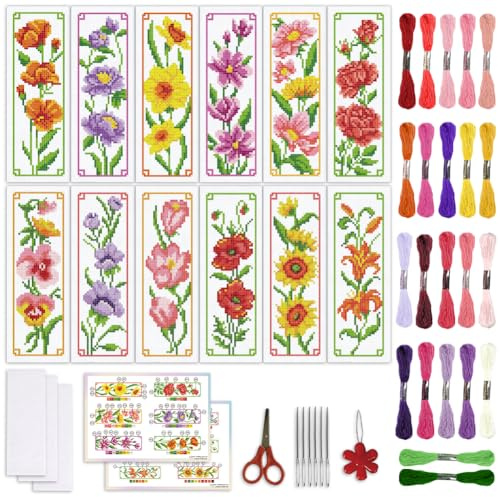 ORIGACH 12 Stück Frische Blumen Kreuzstich Lesezeichen Set, Anfänger Kreuzstich Set mit Anleitung Vorgedruckt, Vorgedruckt Sticken Lesezeichen-Set für Erwachsene, Buch-Liebhaber