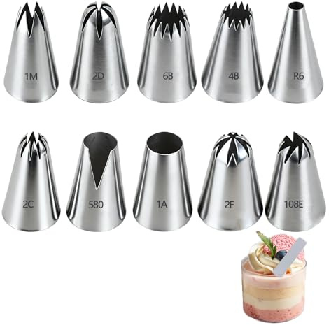 JURENEE 10 Piezas Boquillas Manga Pastelera, Piping Kit de Acero Inoxidable 304, Juego Profesional Boquillas Profesionales para Bolsas Laminación, Adecuadas para la Decoración de Pasteles