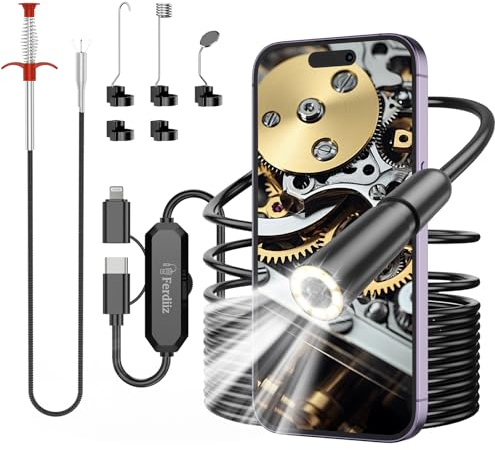 Ferdiiz Endoscope Inspection Camera, 1920P HD Inspection Camera, 16.4ft Semi-Rigid Snake Endoscope with 1.6m Retractable Claw Retriever Stick, IP67 Drain Pipe Borescope, Gift for Men, iOS9+ Android 6+