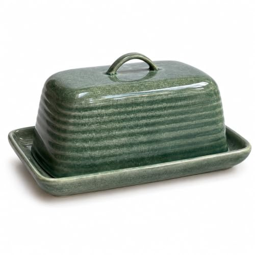 Scandi Home Reactive Glaze Paris Butter Dish – Stoneware Butter Keeper with Lid – Durable Ceramic Kitchen Storage for Standard Butter Blocks (Green, One Size)