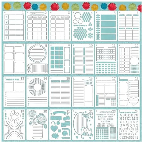 24 Stück Bullet Journal Schablonen, Bullet Journal Zubehör, Wiederverwendbare Vorlagen Für Präzise Ergebnisse Für Kreatives Design Und DIY-Vorlagen Für Wochenplane, Zwischenablage Und Tagebuch