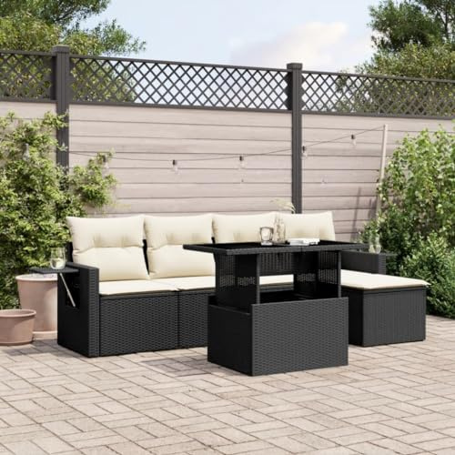 QJBSAVVA 6-TLG Gartenlounge Schwarz Poly-Rattan 100x55x44/73 cm Verstellbarer Esstisch Balkonmöbel-Set wetterfest mit Auflagen für Terrasse Garten und kleinen Balkon