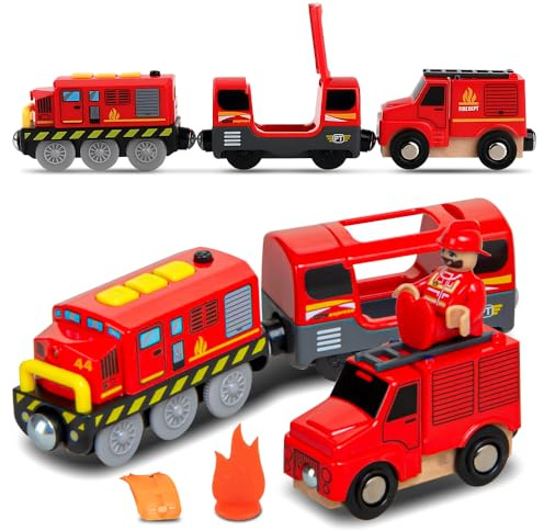 Holzeisenbahn Elektrische Lok Feuerwehrlöschzug, Eisenbahn Kinder Elektrisch Magnetanschluss mit Figuren, Elektrische Eisenbahn Kinder Kompatibel mit Holzschienen Spielzeuglok Rot (Ohne Holz-Gleise)