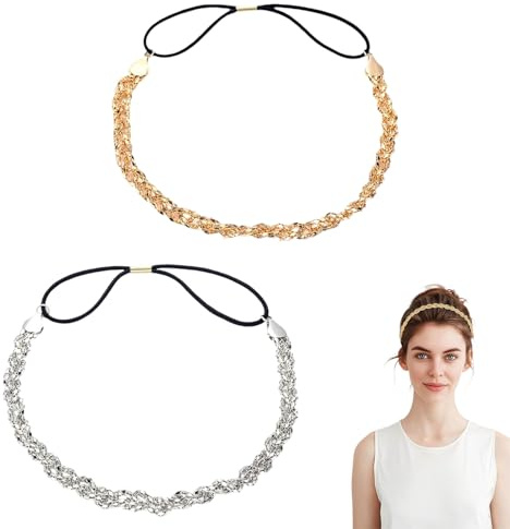 KLINNA 2 PCS Böhmen Kristall Haarreife & Kristall Strass Kopfkette, Glitzer Elastisch Haarbänder Damen Haarband Set, Haarband Damen Dünn, Gold Silber Stirnband für Hochzeiten, Partys, Geburtstage