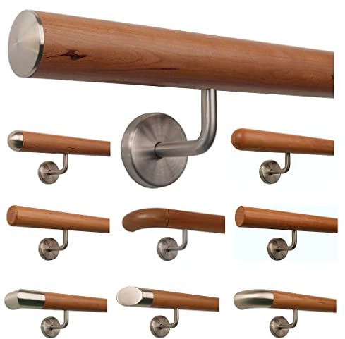 TIBU Kirschbaum Holz Handlauf Geländer 0,3m - 5m, Länge 310 cm, Ende leicht gewölbte Edelstahlkappe und 4 gewinkelte Halter