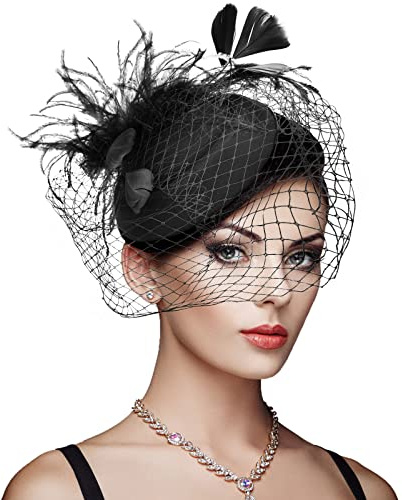 DRESHOW Fascinator Hats Cocktail Tea Party Bow Hat Netted Pillbox Hat with Hair Clip and Headband for Women and Girls