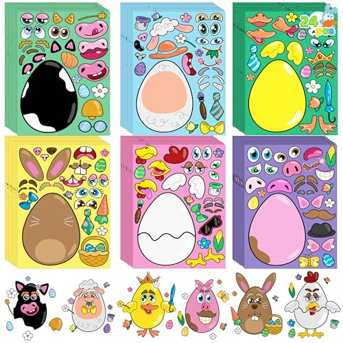 JOYIN 24 PCS Easter Mix and Match Make a Face Animal Stickers with Easter Egg Themed Pig, Bunny, Chicken, Cow, Sheep, Duck Party Favor Supplies, Art and Craft