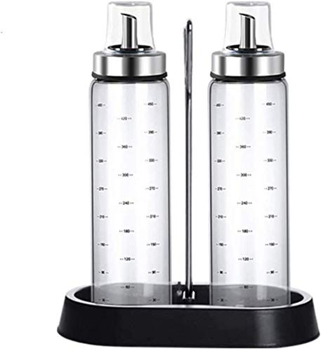 (2 Pack) Olive Oil Dispenser Bottle with Caddy Stand, 500ML Oil Cruet Glass, No Drip, Oil and Vinegar Dispenser Set, Lead-Free Glass Bottle for Oil Kitchen with Degree Scale