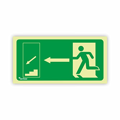 Seribas Señal Evacuación Salida Izquierda Escalera, Fotoluminiscente Clase B, Cartel PVC 0,7 mm. Tamaño 32 x 16 cm, Homologada.