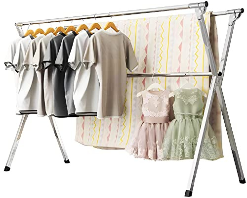 URYAN 63 Inches Clothes Drying Rack, Heavy Duty Stainless Steel Laundry Drying Rack Folding Indoor Outdoor, Portable Drying Rack Clothing, Free-Standing Laundry Stand with 20 Windproof Hooks