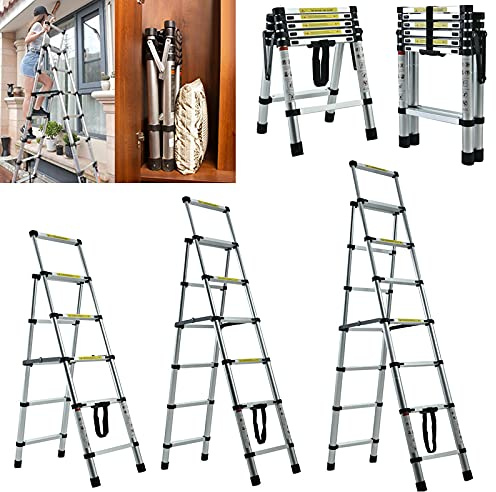 Aluminum Folding Telescopic Ladder 6+7 Step Ladder Lightweight Portable A-Frame Ladders with Anti-Slip Rubber Feet 330lbs Load Capacity Wide Step Pedal Foldable Step Ladder Easy to Use and Transport