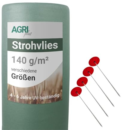 AGRI plus Strohvlies 9,8 x 6 m - mit 12 Metallnägeln I 140 g/m² Schutzvlies aus Polypropylen I Extrem reißfestes Heuvlies für langfristigen Schutz I Abdeckvlies wetterfest & UV-beständig