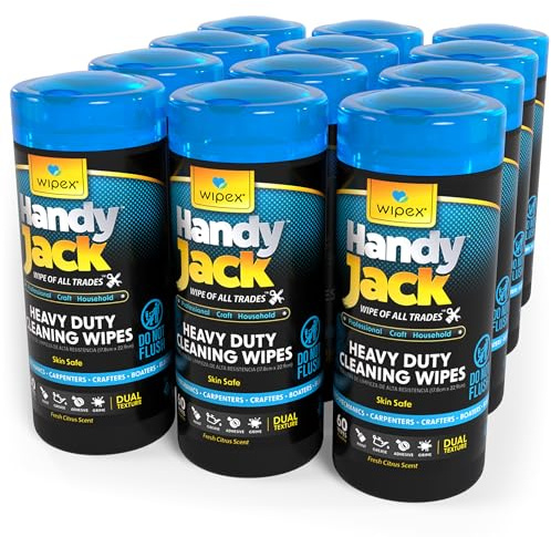 Wipex Handy Jack Degreaser Cleaner Heavy Duty Wipes, Dual Texture Cleaning Cloth for Mechanic Hand Wipes and Surfaces, Clean Tools & Automotive Parts, Paint Remover, Oil, Grease, & Dirt, 60ct Canister
