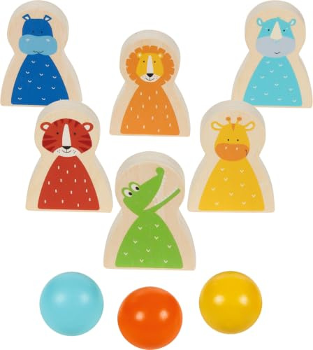 goki 56661 - Kegelspiel Wilde Tiere - Familienspiel mit 6 lustigen Figuren aus Holz - für drinnen und draußen