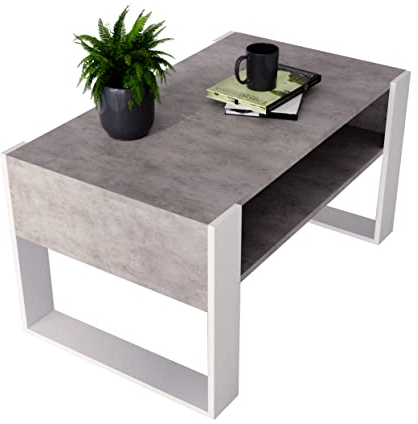 Couchtisch KARO 92 rechteckiger Kaffeetisch aus Holz Modern Teetisch 92 x 53,6 x 45cm massiv und stabil (Chicago Beton/Weiss)