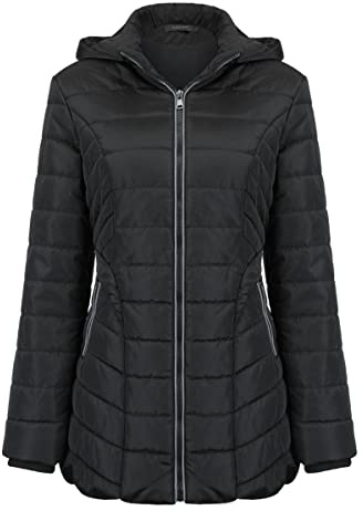 YUNCLOS Veste Femme d‘Hiver Doudoune Femme Matelassée Chaud Parka Mi-Long Blouson Manches Longues de Couleur Unie,Noir,XL