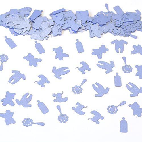 Baby Shower Confetti, Blue Table Scatter, Pram, Bottle, Teddy, Rattle, Babygrow, Pearlescent Card Decorations