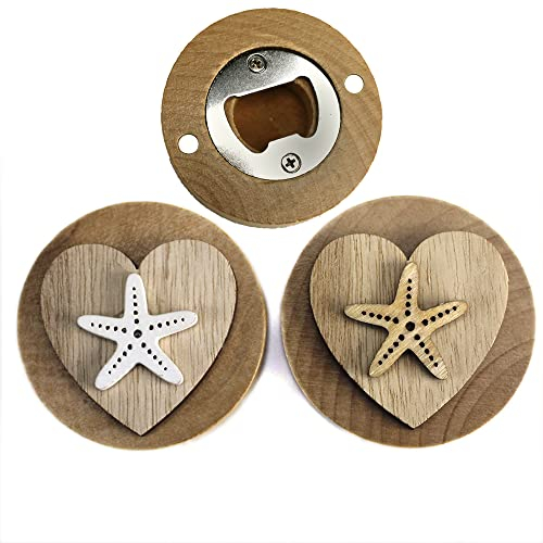 DLM 32801 (Kit 12 Pezzi) Apri Bottiglie Apribottiglie con Calamita Moderno Design Tondo in Legno + Scatolina in bambù Cuore Stella Marina Mare bomboniera