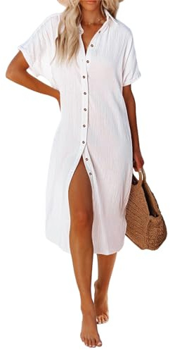 UMIPUBO Women Beach Cover Ups Casual Short Sleeve Beachwear Swimsuit Bikini Cover-Up Button Down Side Split Long Kimonos Bathing Suit Cardigans Beach Dress (White, XL)