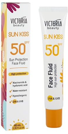 Victoria Beauty LSF 50 Sonnenfluid für das Gesicht mit Hyaluronsäure, wasserfest, Sun Protection Face Fluid SPF 50, UVA und UVB, Sonnenschutz mit hohem Breitspektrumschutz, 40ml