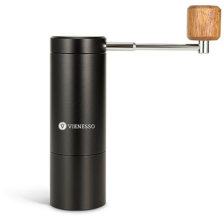 VIENESSO Kaffeemühle Manuell mit Keramikmahlwerk | Kompakte Handkaffeemühle mit stufenloser-Mahlgradeinstellung | manuelle Espressomühle mit Holzgriff inkl. E-Book (schwarz)