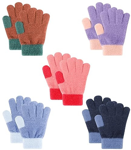 QKURT Children's Knitted Gloves, 5 Pairs Winter Kids' Magic Mittens, Multicolour, for Boys and Girls Ages 1-8