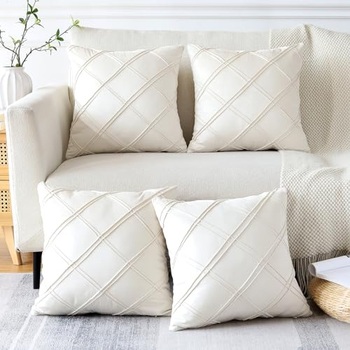 Sungeek 4er Set Samt Kissenbezüge, Dekorativ Zierkissenbezüge Weich Rautenmuster Kissenbezug Dekokissen Couchkissen Deko Bezug Kissenhülle für Sofa Schlafzimmer Wohnzimmer (45x45 cm, Creme Weiß)