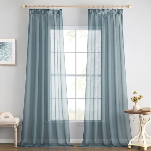 EMEMA 2er Set Sheer Voile Vorhang mit Kräuselband Transparente Gardine aus Voile Polyester Transparent Wohnzimmer Luftig Dekoschal für Schlafzimmer 140 X 225 cm (B x H) Staubiges Blau