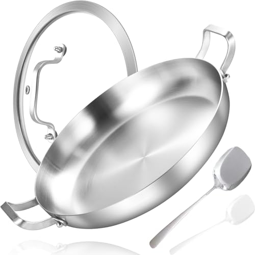 Inqibee 30 CM Tri-Ply Stainless Steel Paella Pan with Lid,Induction Cooking Frying Pan,Even Heating and Oven Safe