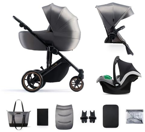 Kinderkraft Prime 2 Kinderwagen + Babyschale + Schutzhülle für Auto Mink Pro – Shadow Grey