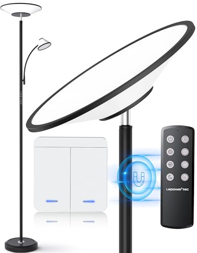 LEPOWER-TEC Bright Floor Lamp, Standing Lamp with Remote & Wall Switch, 60 Lighting Effects, Adjustable Torchiere Corner Light for Living Room, Bedroom, Office. Perfect for Reading & Ambiance