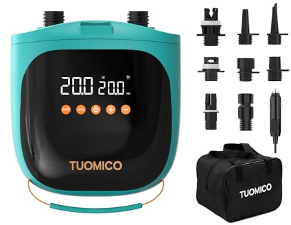 Tuomico 20PSI Paddle Board Pump Sup Air Pump Electric Portable Inflator & Deflator, Auto-Off, Mini Compressor for Inflatable Stand-up Paddleboard Kayak Wing Kite with 12V DC Car Plug-in Adapter