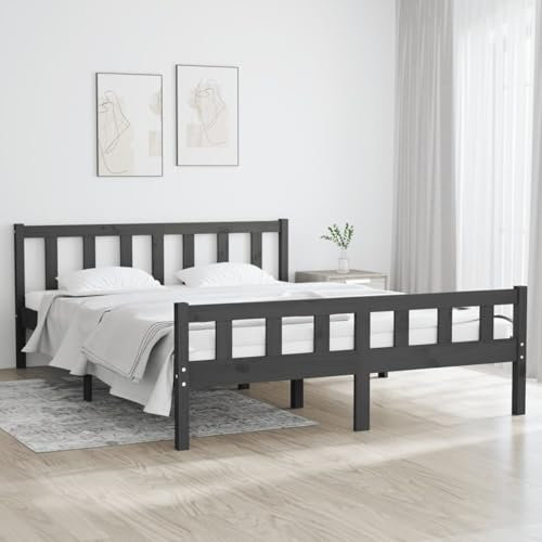 Gecheer Massivholzbett Holzbett Bettrahmen Doppelbett/Einzelbett Jugendbett Seniorenbett Komfortbett Landhausbett Gästebett Betten Bett für Schlafzimmer,mit Kopf- und Fußteil, Grau 120x200 cm