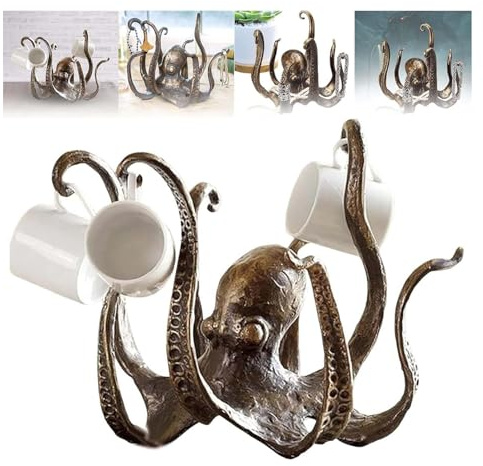 Hliloy Octopus Mug Holder, Octopus Cup Holder, Octopus Coffee Mug Holder, Retro Resin Octopus Desktop Statue, Kitchen Dining Bar Statue Accessory,Funny Pendant Tea Cup Holder (Copper)